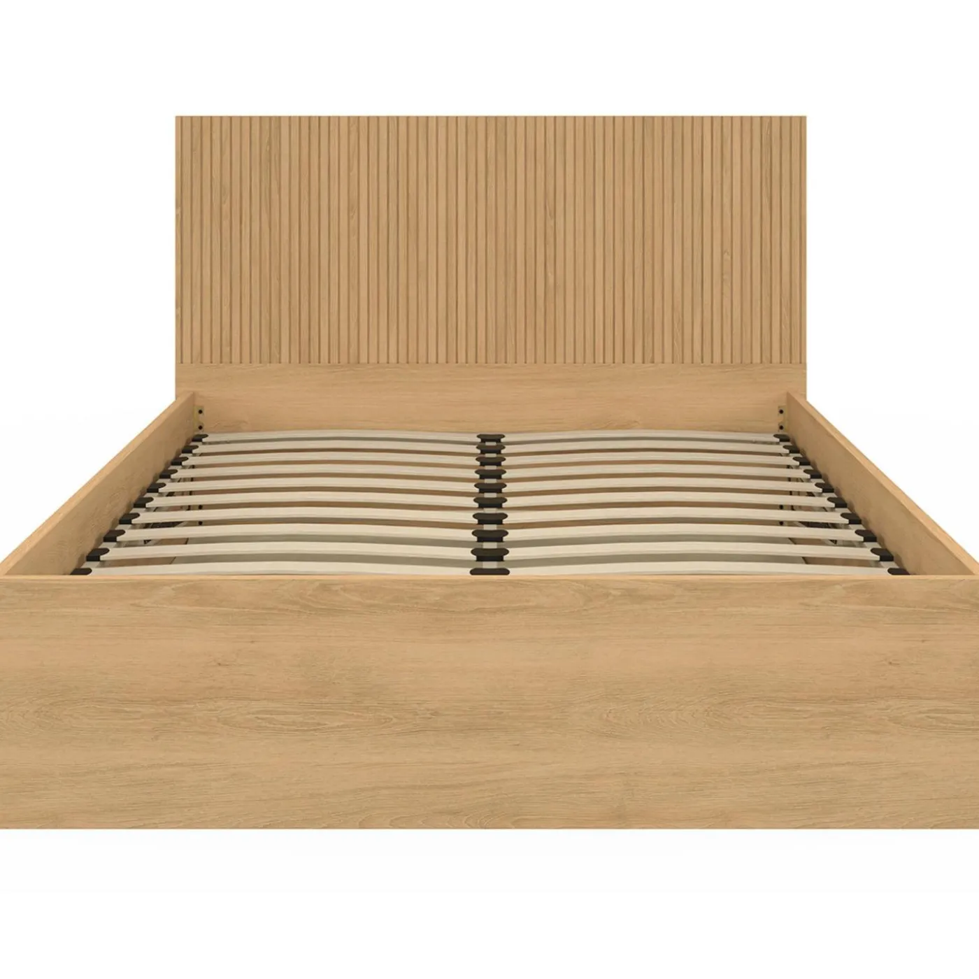 Lit coffre double 140 x 190 cm avec tête de lit et sommier effet lattes et bois