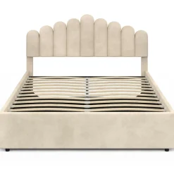 Lit coffre double avec tête de lit et sommier 140 x 190 cm velours beige