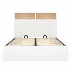 Lit coffre double avec tête de lit, rangements et sommier blanc et bois