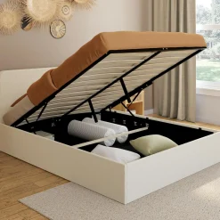 Lit coffre double avec tête de lit et sommier 140x190 cm tissu bouclette