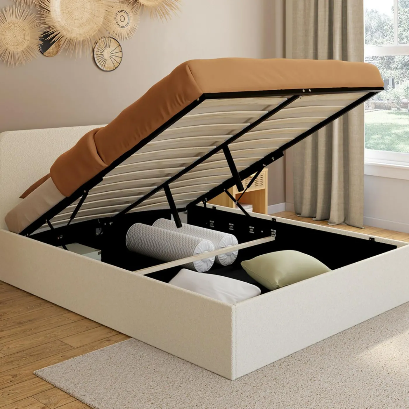 Lit coffre double avec tête de lit et sommier 140x190 cm tissu bouclette