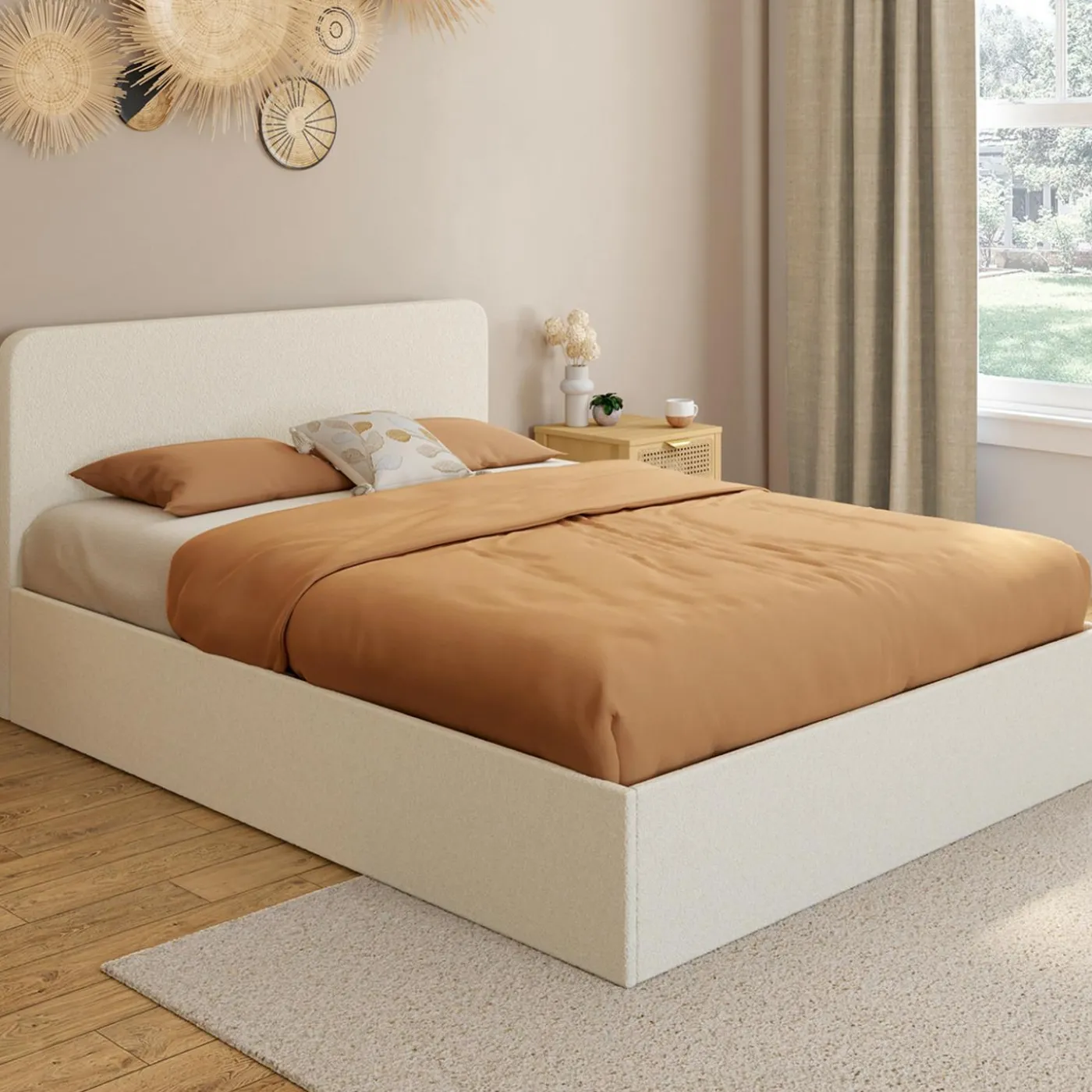 Lit coffre double avec tête de lit et sommier 140x190 cm tissu bouclette