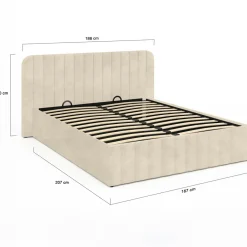 Lit coffre double avec tête de lit en velours beige 160x200 cm