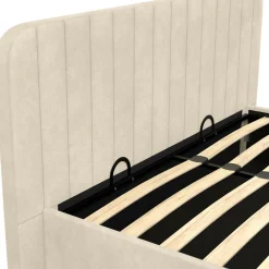 Lit coffre double avec tête de lit en velours beige 160x200 cm
