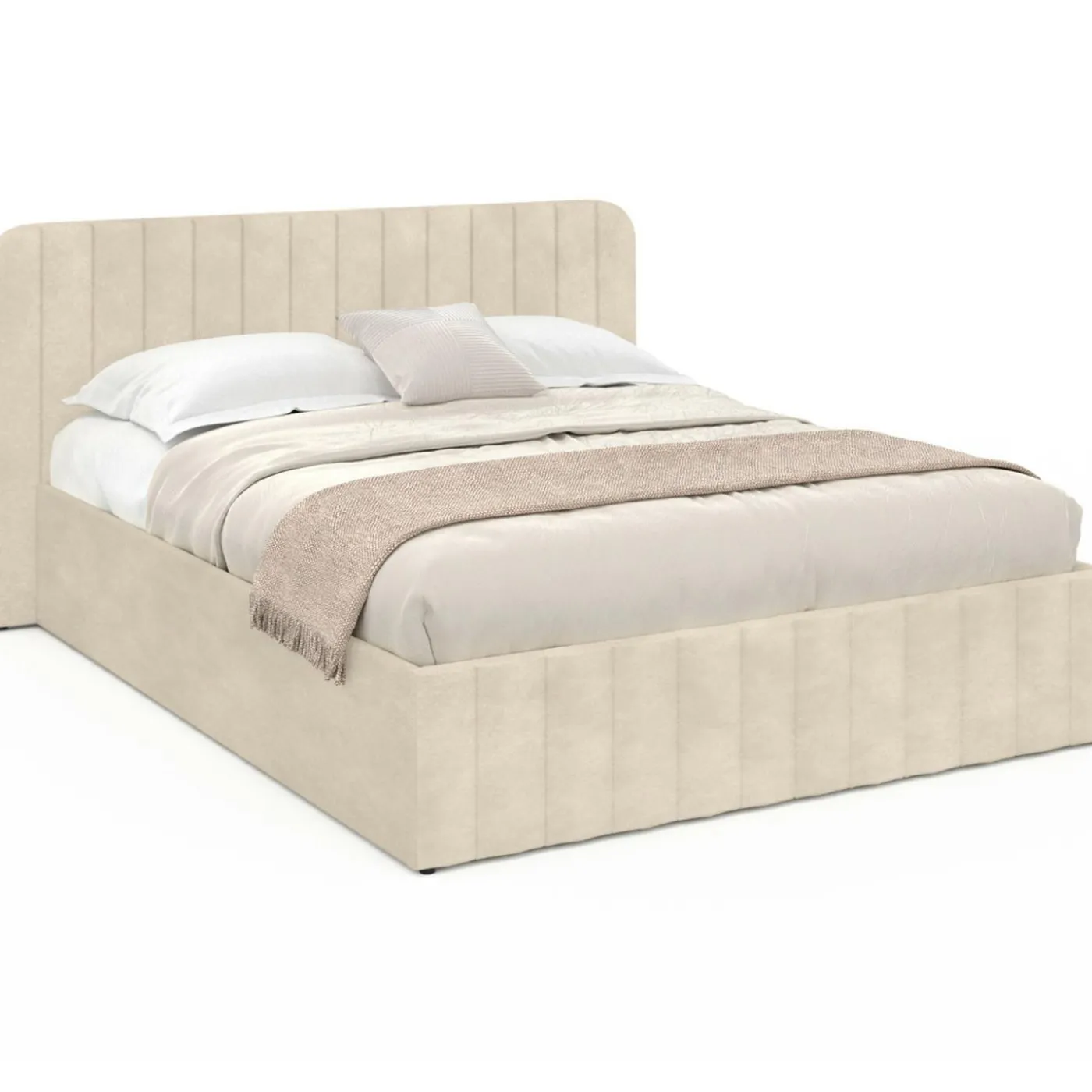 Lit coffre double avec tête de lit en velours beige 160x200 cm