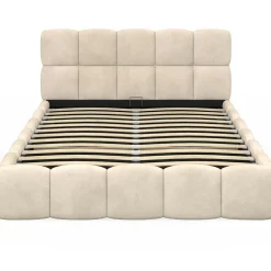 Lit coffre double avec tête de lit matelassée et sommier de 140 x 190 cm en velours beige