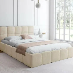 Lit coffre double avec tête de lit matelassée et sommier de 140 x 190 cm en velours beige