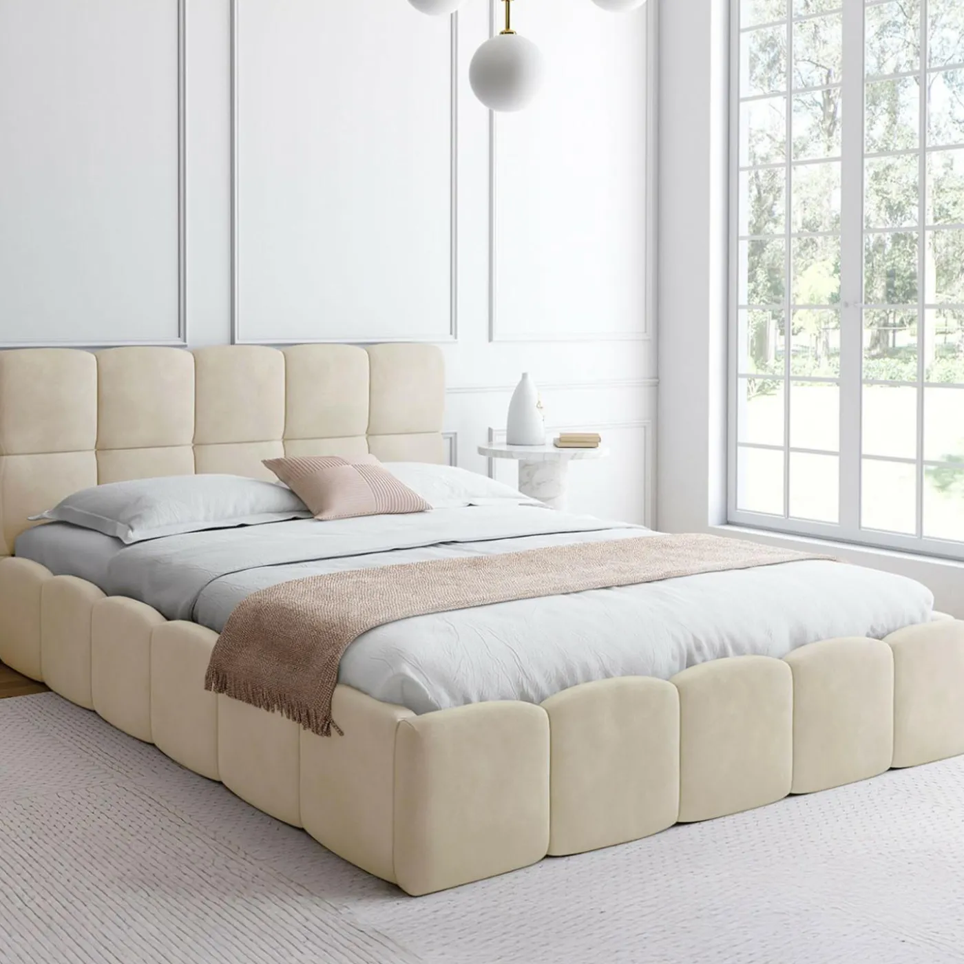 Lit coffre double avec tête de lit matelassée et sommier de 140 x 190 cm en velours beige