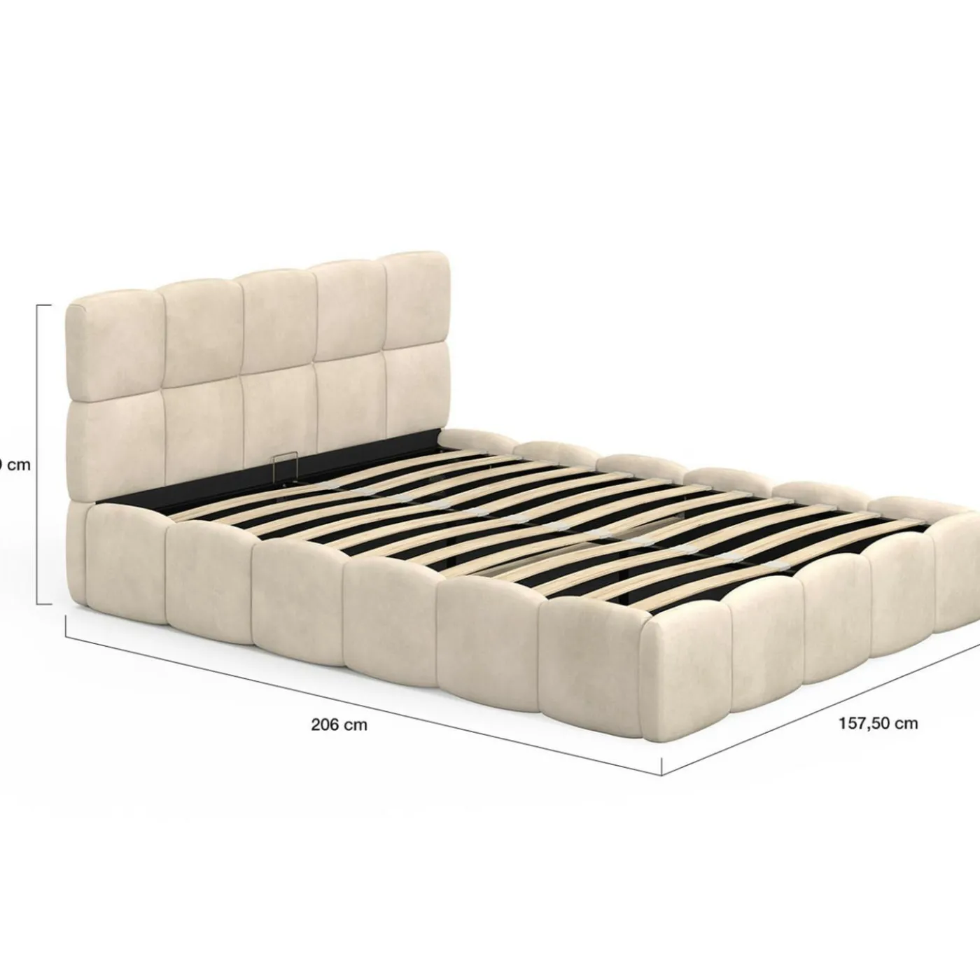Lit coffre double avec tête de lit matelassée et sommier de 140 x 190 cm en velours beige