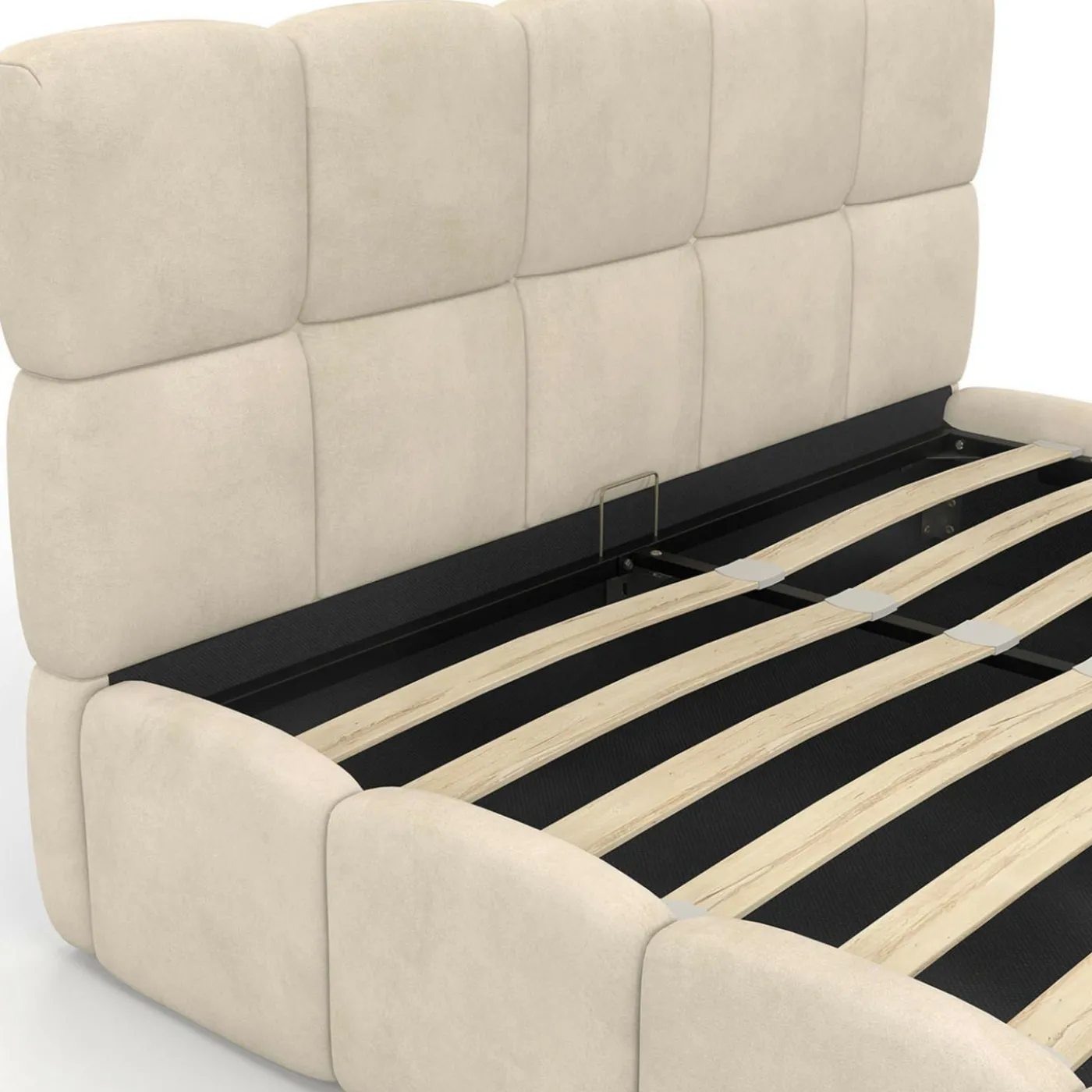 Lit coffre double avec tête de lit matelassée et sommier de 140 x 190 cm en velours beige