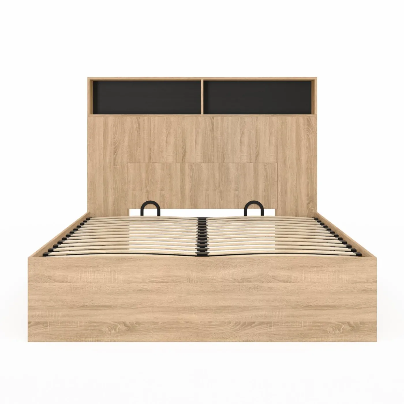 Lit coffre double 140x190 cm avec tête de lit façon hêtre et noir