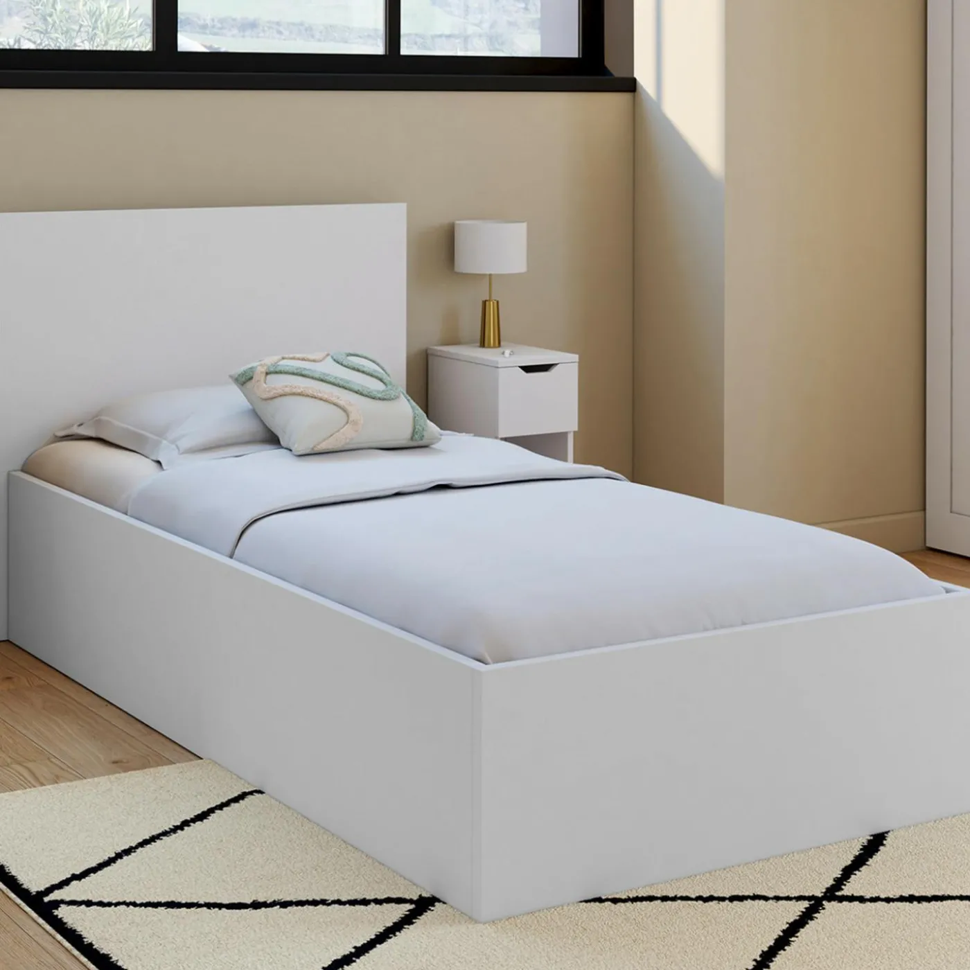 Lit coffre simple avec tête de lit et sommier 90 x 190 cm blanc