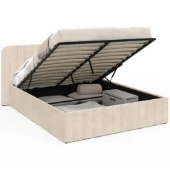 Lit coffre velours beige 140x190 avec sommier et tête de lit