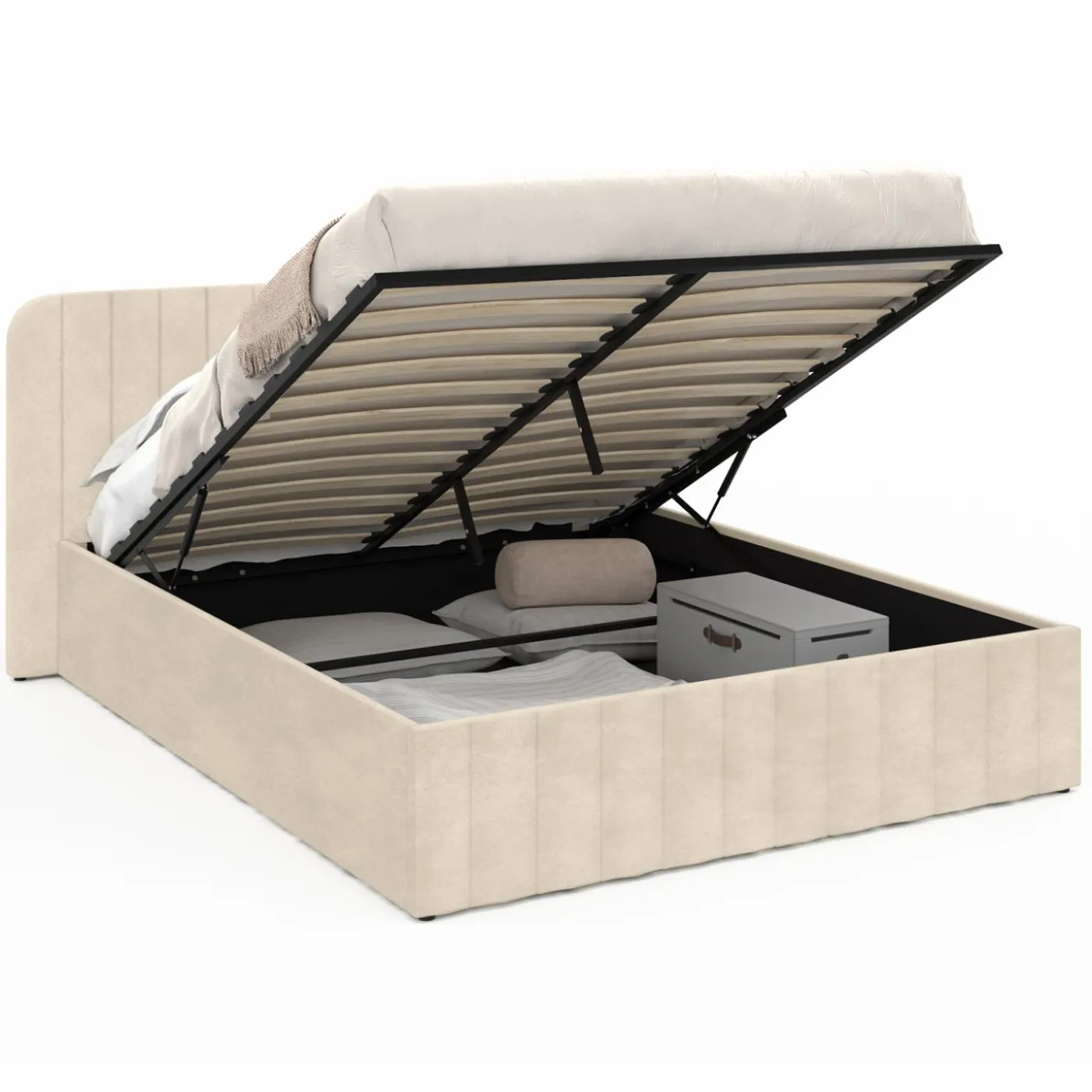Lit coffre velours beige 140x190 avec sommier et tête de lit