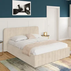 Lit coffre velours beige 140x190 avec sommier et tête de lit