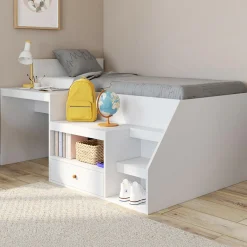 Lit combiné 90x190 cm avec bureau et rangements bois blanc