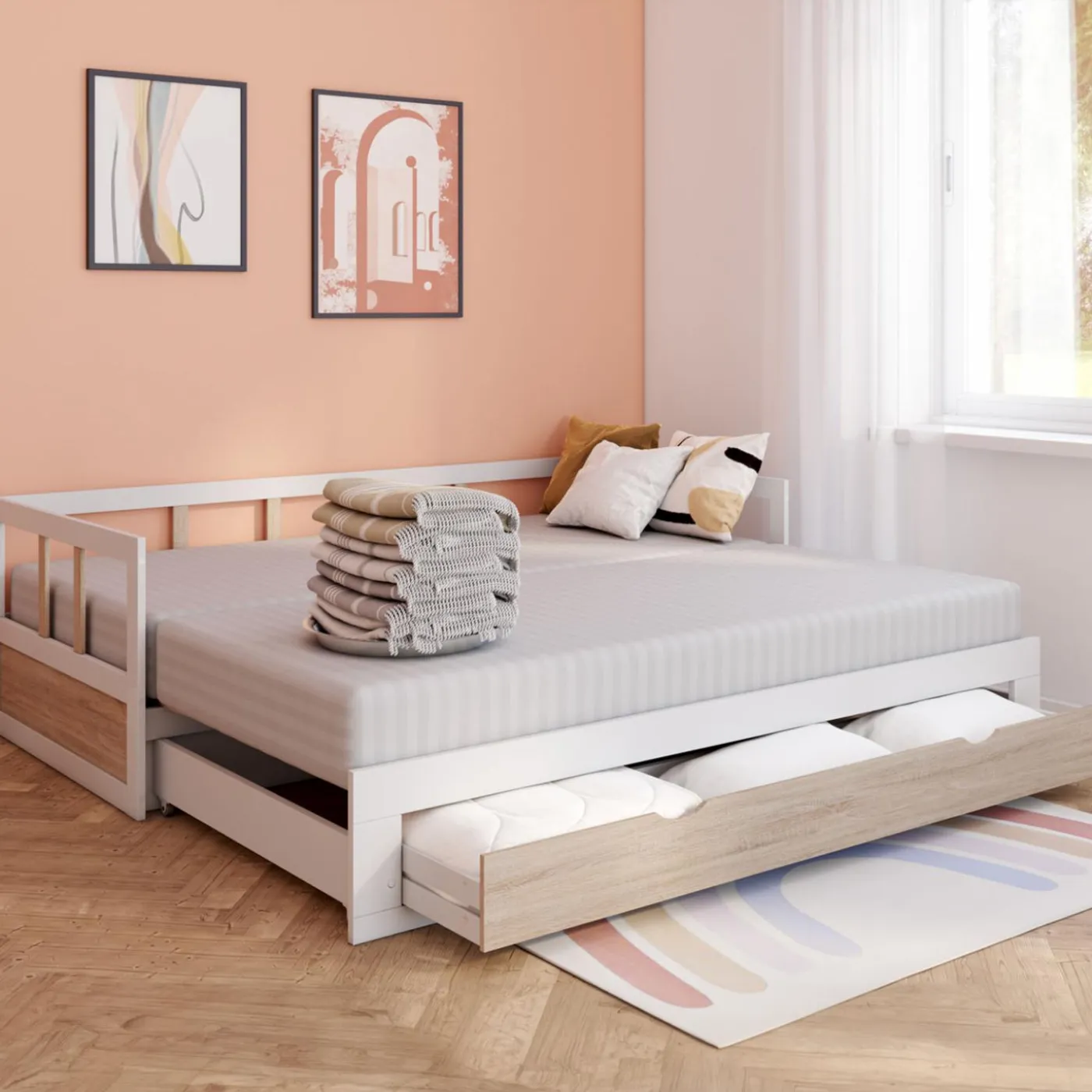 Lit convertible 180 x 190 cm blanc et hêtre
