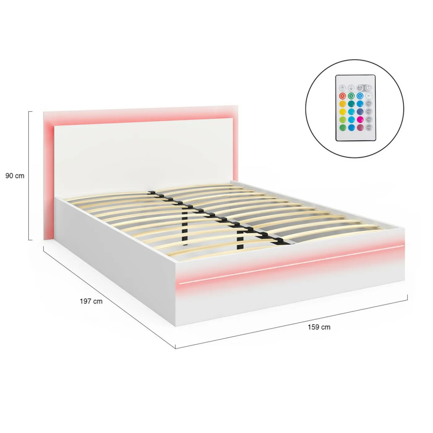 Lit double 140 x 190 cm avec sommier et LED intégrées blanc