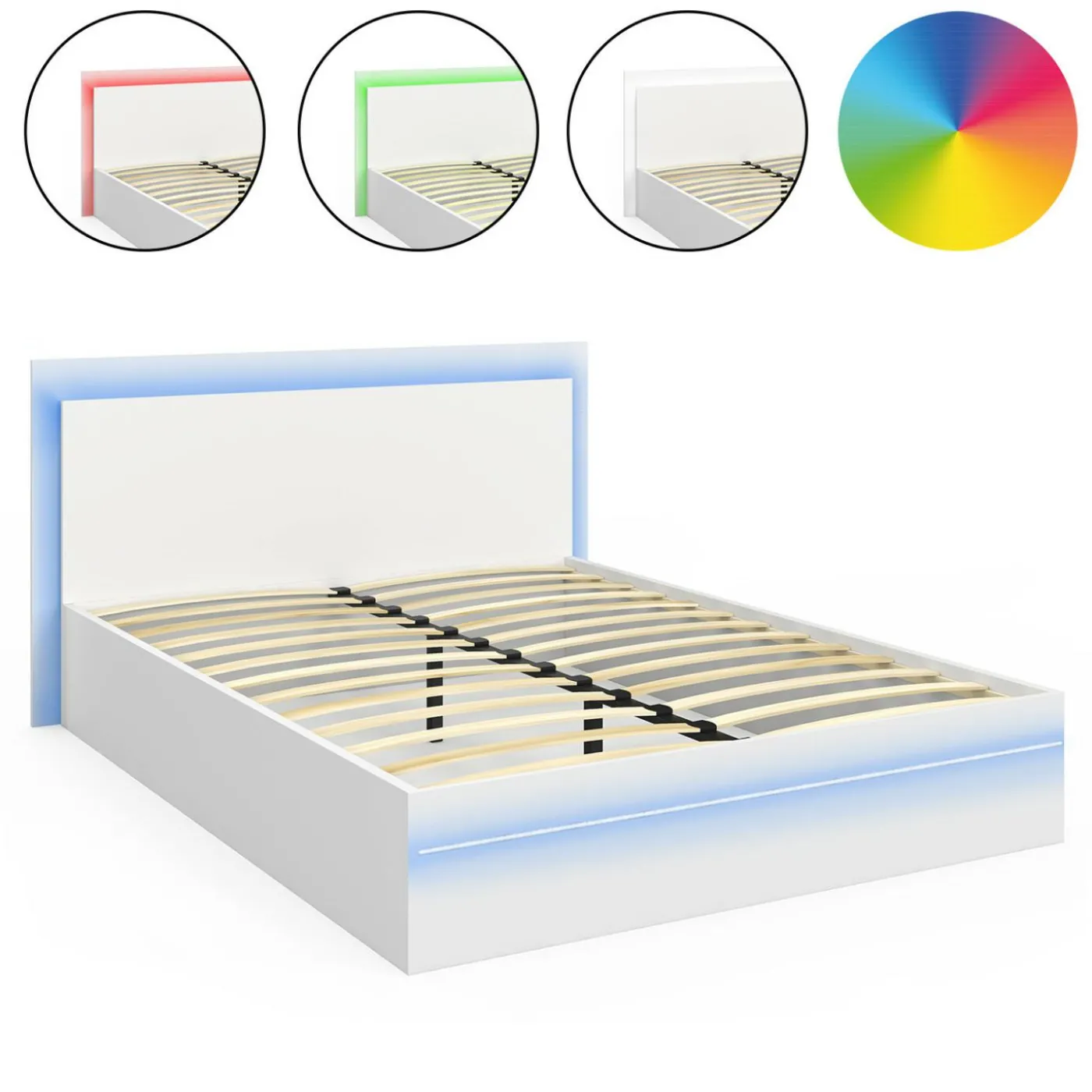 Lit double 140 x 190 cm avec sommier et LED intégrées blanc