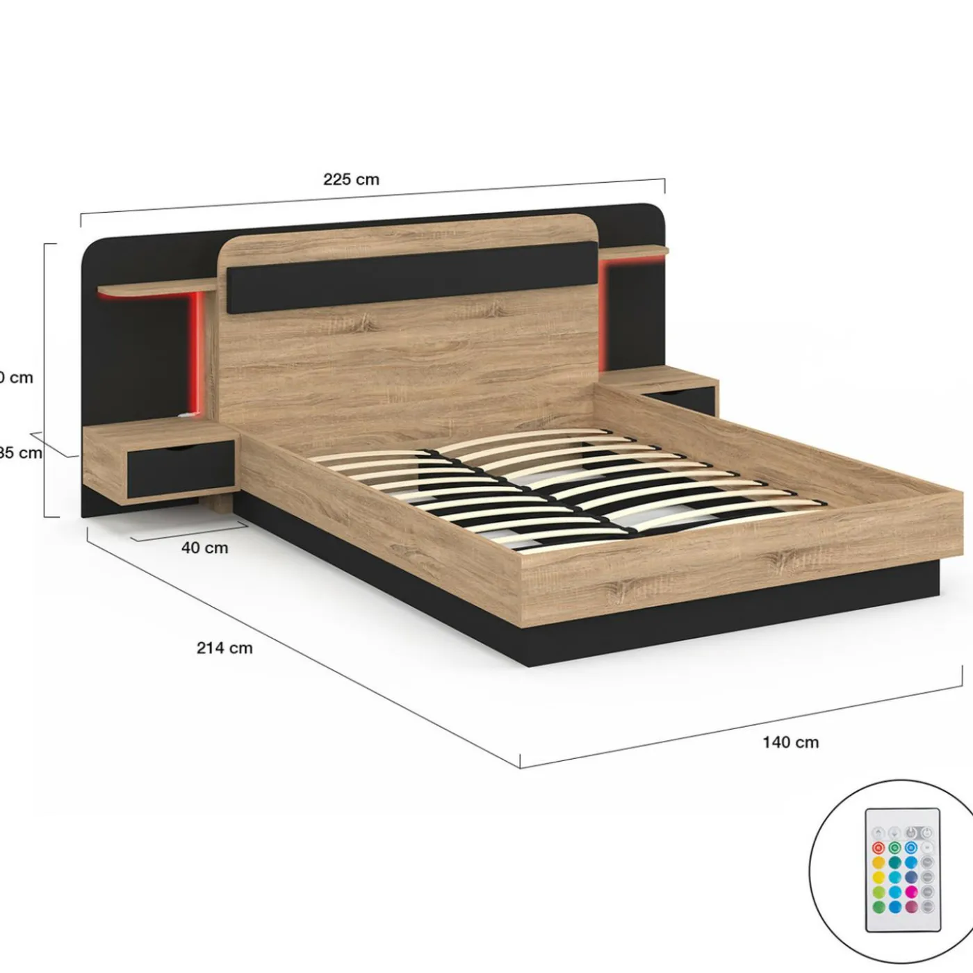 Lit double 140 x 190 cm avec tête de lit, chevets suspendus, étagère, LED et sommier bois et noir