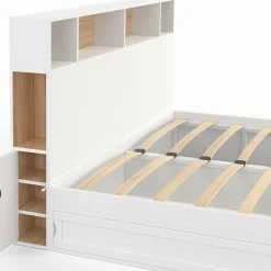 Lit double avec rangements + tête de lit et sommier 160 x 200 cm blanc et hêtre