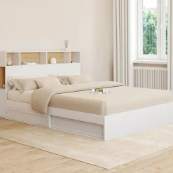 Lit double avec rangements + tête de lit et sommier 160 x 200 cm blanc et hêtre