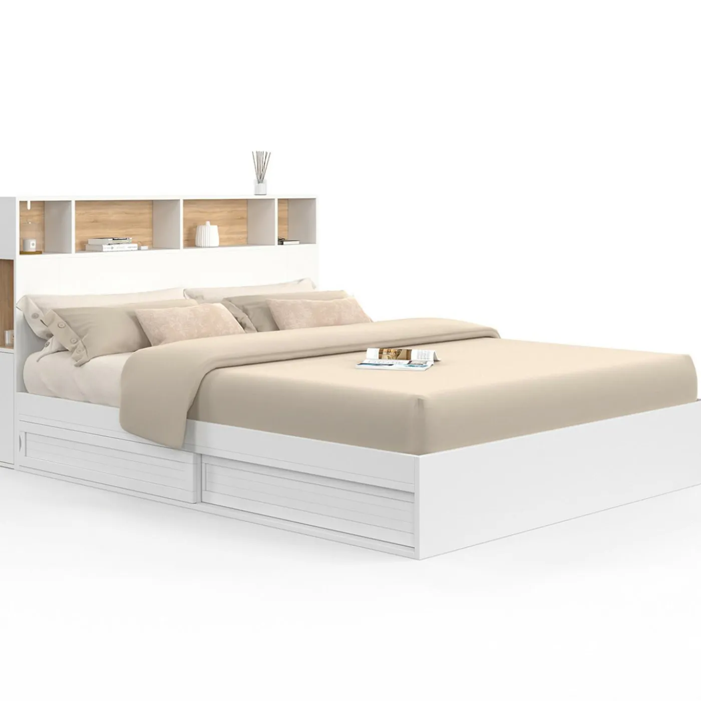 Lit double avec rangements + tête de lit et sommier 160 x 200 cm blanc et hêtre