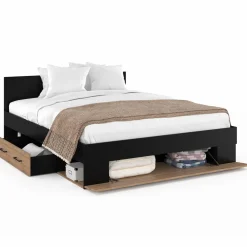 Lit double avec rangement 140x190 cm avec tête de lit hêtre et noir