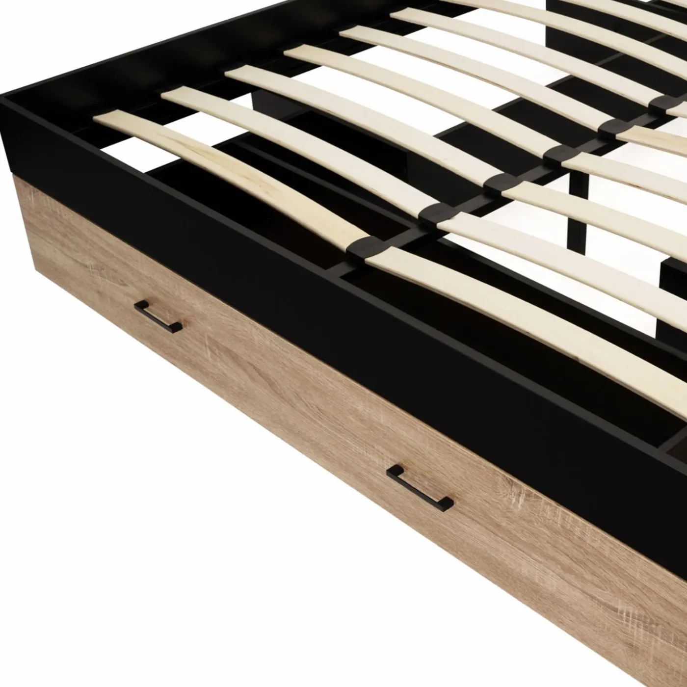 Lit double avec rangement 140x190 cm avec tête de lit hêtre et noir