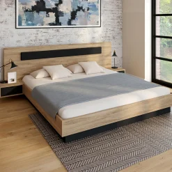 Lit double avec tête de lit et tables de chevet intégrées et sommier 180 x 200 cm bois et noir