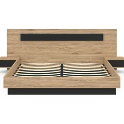 Lit double avec tête de lit et tables de chevet intégrées et sommier 180 x 200 cm bois et noir
