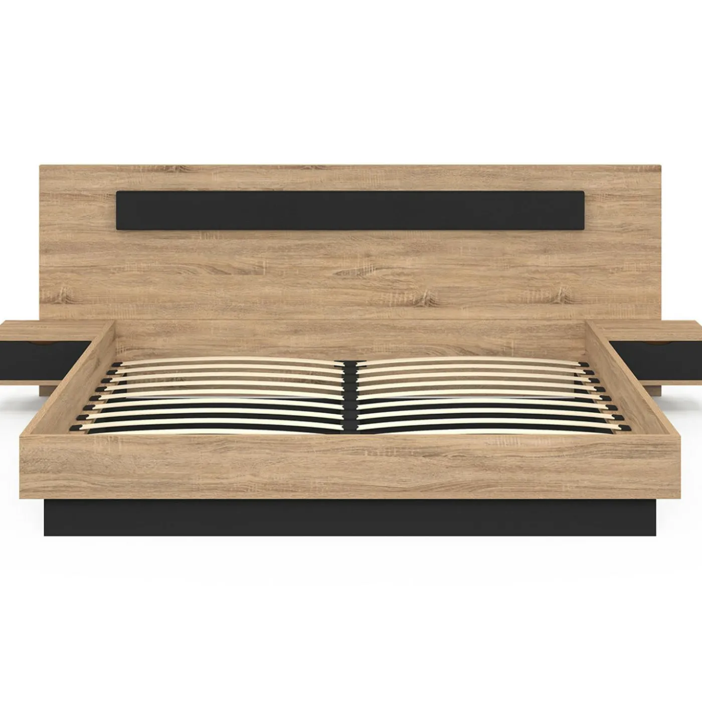 Lit double avec tête de lit et tables de chevet intégrées et sommier 180 x 200 cm bois et noir