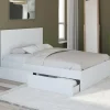 Lit double blanc 4 tiroirs sur roulettes avec tête de lit