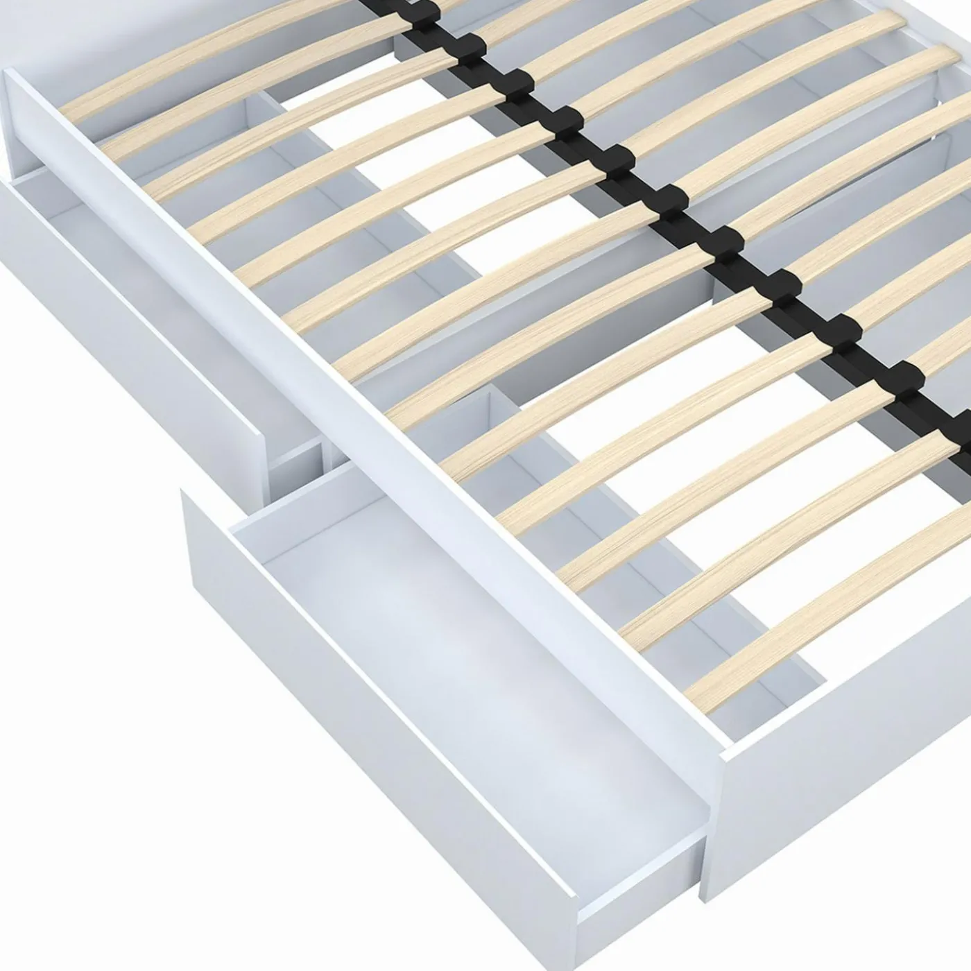 Lit double blanc 4 tiroirs sur roulettes avec tête de lit
