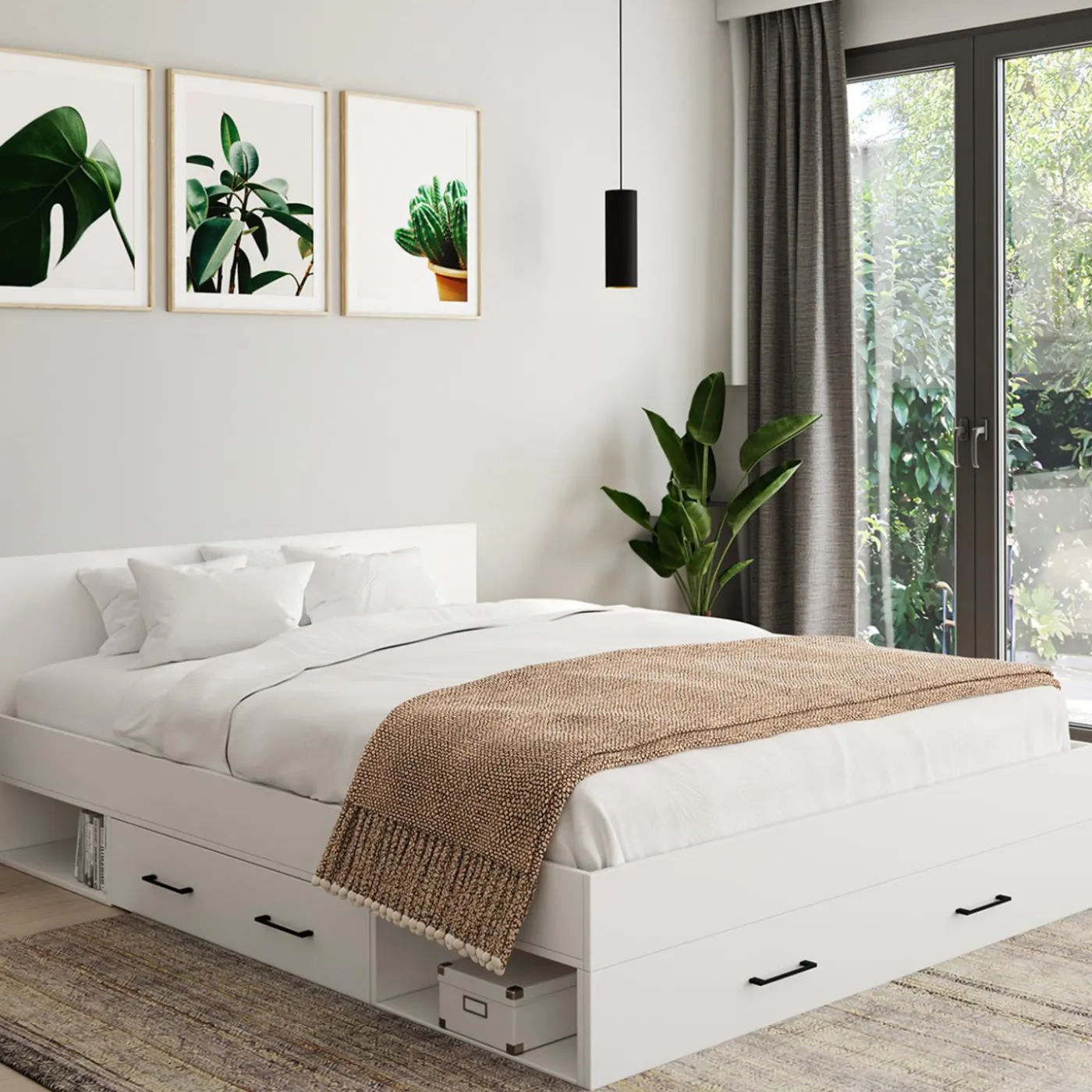 Lit double blanc 140x190cm avec tête de lit et rangements