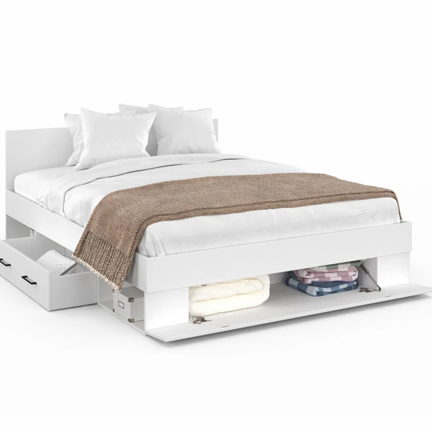 Lit double blanc 140x190cm avec tête de lit et rangements