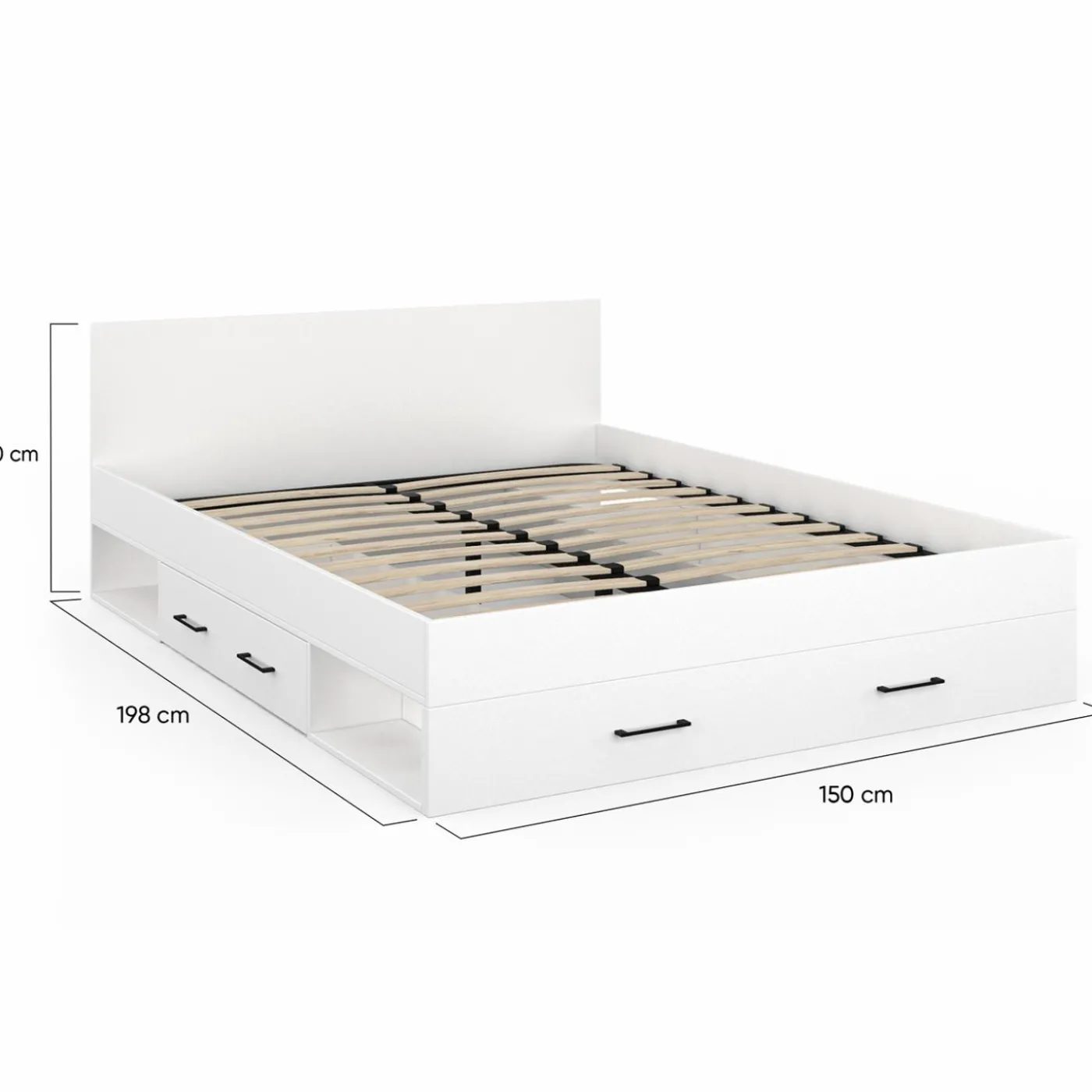 Lit double blanc 140x190cm avec tête de lit et rangements