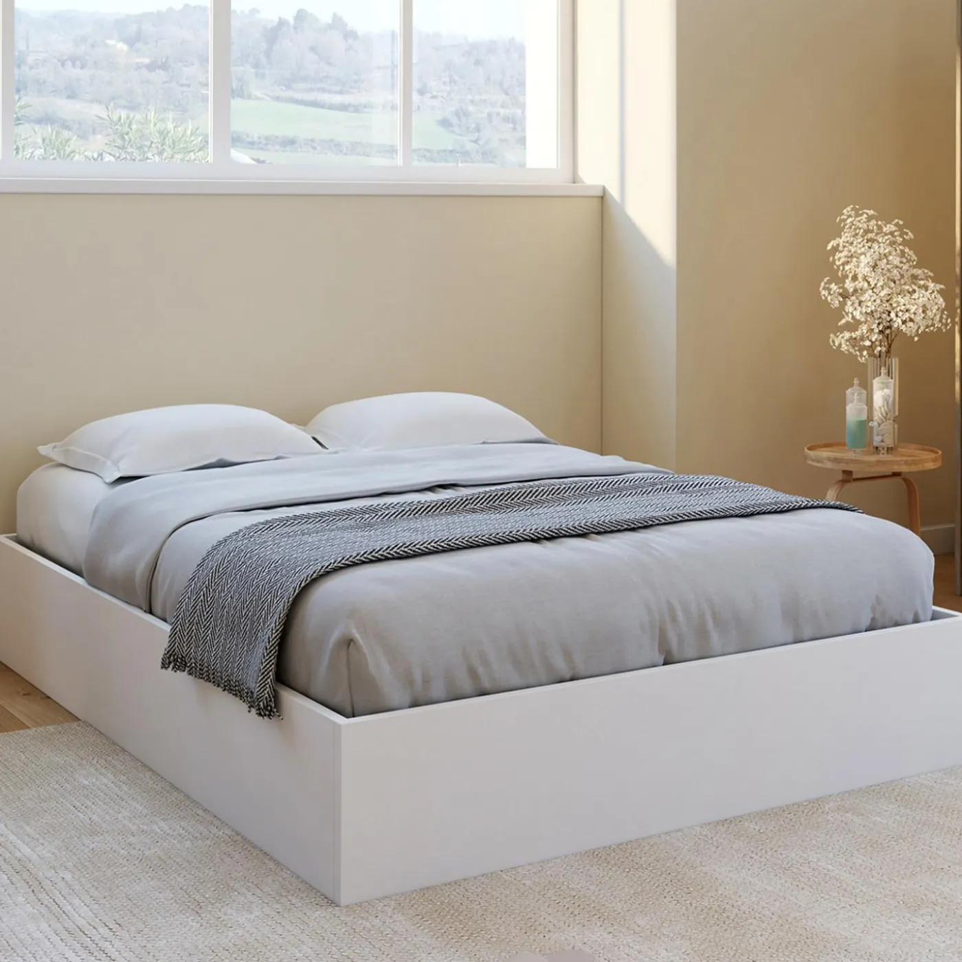 Lit double coffre 140x190 cm avec sommier blanc