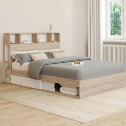 Lit double hêtre et blanc avec rangements + tête de lit et sommier 140x190 cm