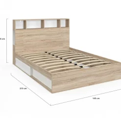 Lit double hêtre et blanc avec rangements + tête de lit et sommier 140x190 cm
