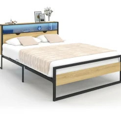 Lit double LED intégrés dans la tête de lit et sommier 140x190 cm effet bois et métal noir style industriel