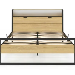 Lit double LED intégrés dans la tête de lit et sommier 140x190 cm effet bois et métal noir style industriel