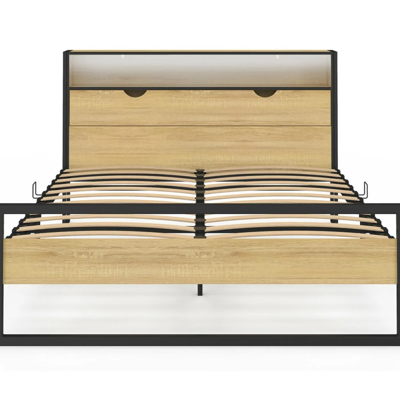 Lit double LED intégrés dans la tête de lit et sommier 140x190 cm effet bois et métal noir style industriel