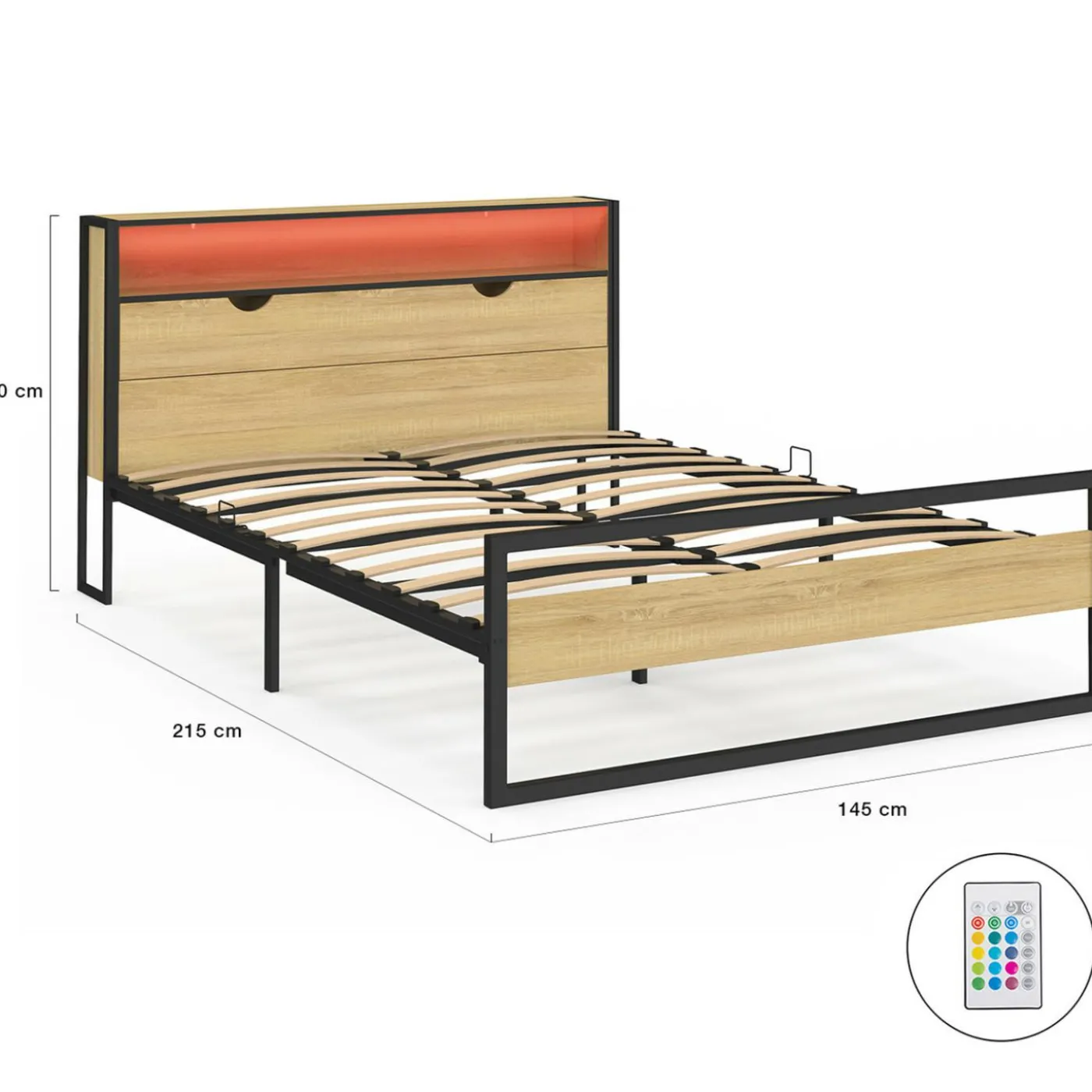 Lit double LED intégrés dans la tête de lit et sommier 140x190 cm effet bois et métal noir style industriel