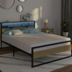 Lit double LED intégrés dans la tête de lit et sommier 140x190 cm effet bois et métal noir style industriel