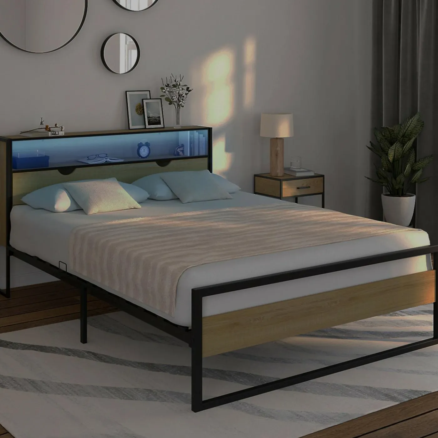 Lit double LED intégrés dans la tête de lit et sommier 140x190 cm effet bois et métal noir style industriel