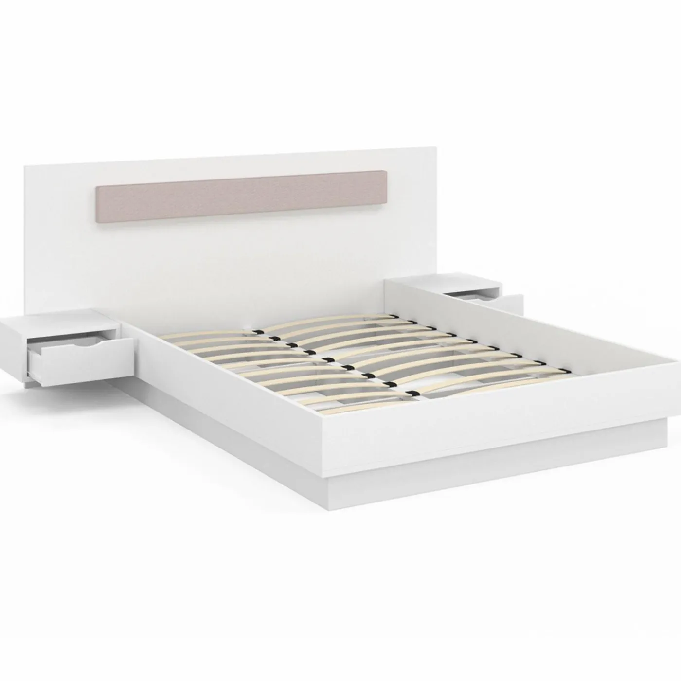Lit double 140x190 blanc avec tête de lit et chevets