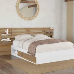 Lit double 140x190 blanc et hêtre avec rangement, tête de lit et chevets