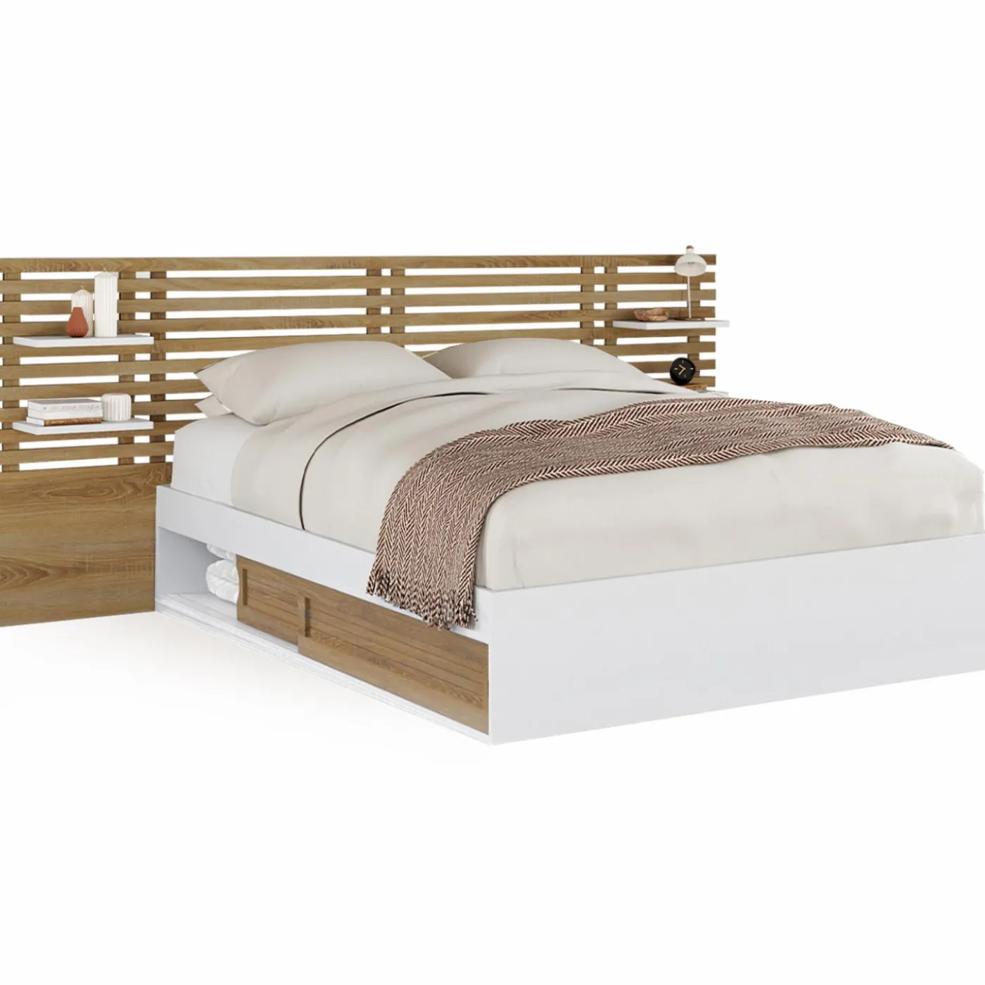 Lit double 140x190 blanc et hêtre avec rangement, tête de lit et chevets