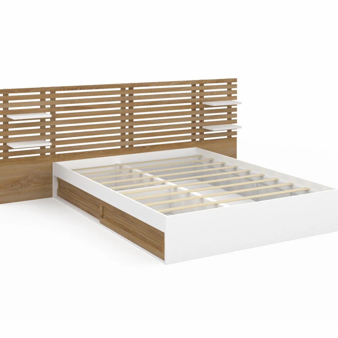 Lit double 140x190 blanc et hêtre avec rangement, tête de lit et chevets